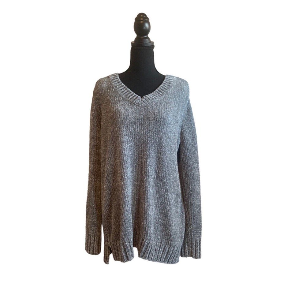 Orvis Gray Chenille Long Sleeve V-Neck Pullover Sweater Women's Large Soft
